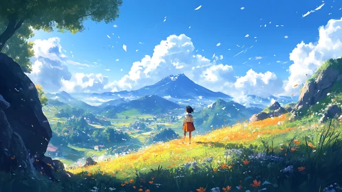 Solitary girl surveys expansive valley under luminous blue sky