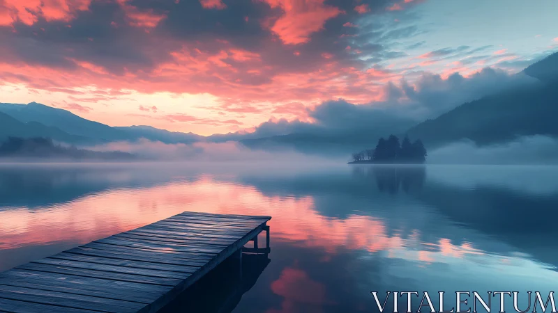 Wooden pier extending into misty reflective mountain lake.