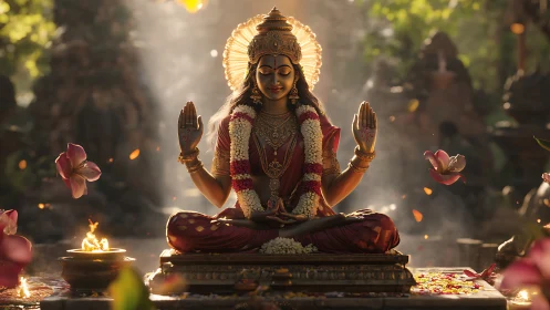 Divine goddess sculpture seated in lotus amid temple light.