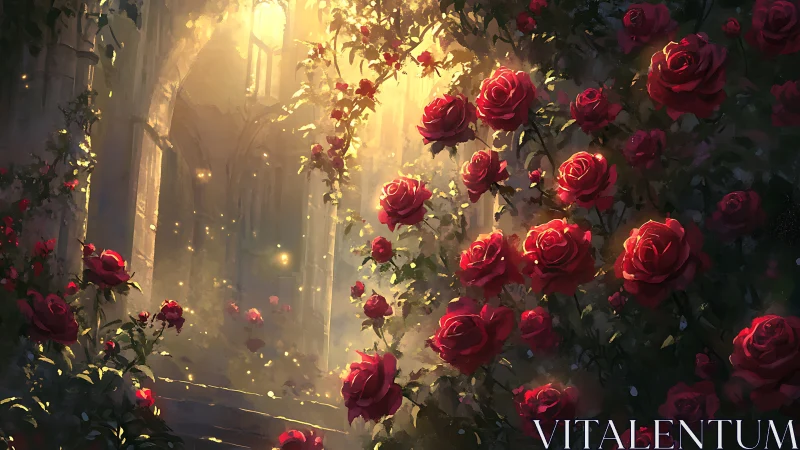 Crimson Roses Bathed in Golden Architectural Sunlight