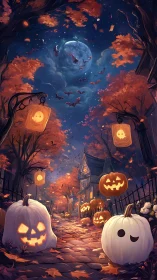 Moonlit pumpkin parade along a whimsically haunted lane.