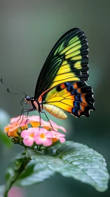 Butterfly rests on small clustered flowers in lateral profile