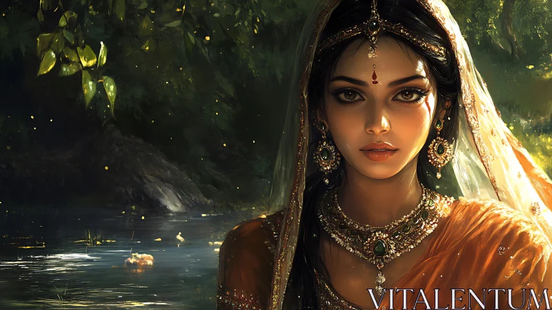 Mystical woman in jeweled sari gazes beside a twilight river