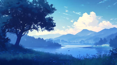 Blue mountain lake landscape under bright summer clouds.