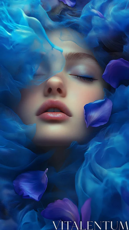Dreaming woman drifts in luminous blue petals and silk