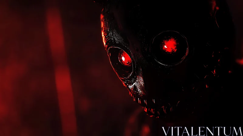 Glimmering red-eyed creature leans from shadowy darkness