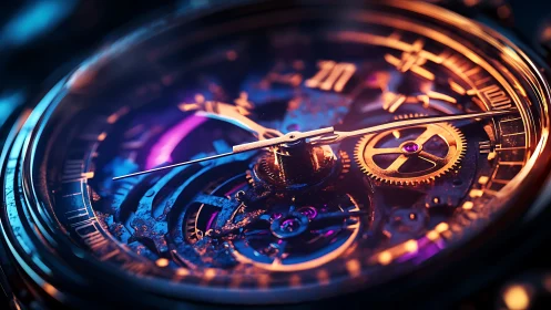Luminous skeleton watch macro with neon gear reflections.