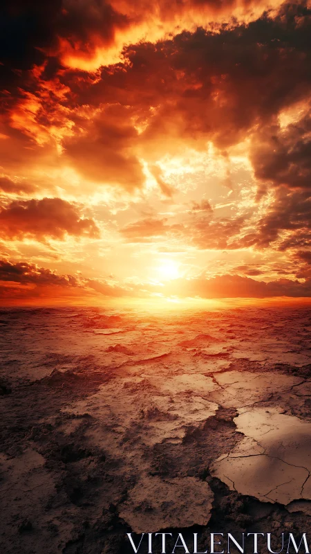 Burning sunset over cracked barren desert ground.