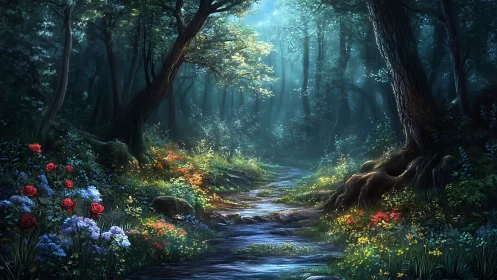 Mystical Forest Stream with Blooming Flowers.