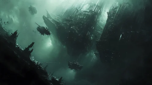 Drowned starships drift through a jade abyss of fractured light