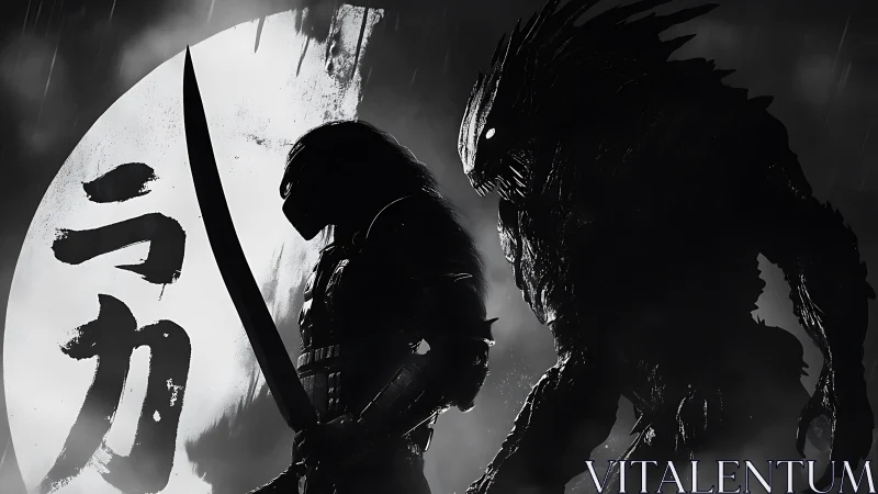 Samurai confronts looming shadow beast beneath a storm moon