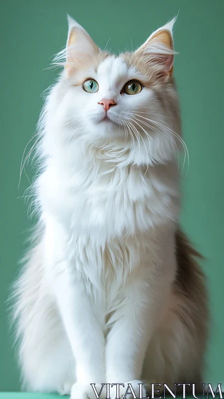 White Long-Haired Feline With Amber Heterochromatic Eyes Against Green Background