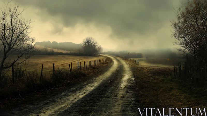 Fog-laden rural dirt road with winter trees and receding horizon