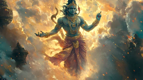 Blue-skinned figure levitates in cloud-filled atmospheric space