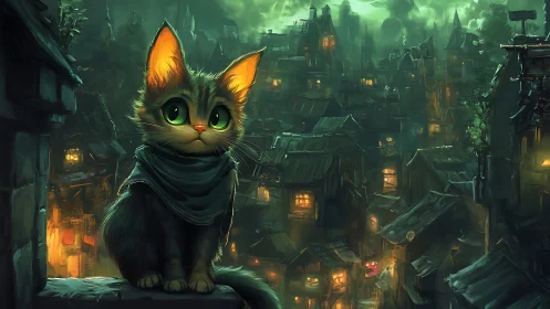 Anthropomorphic feline figure positioned against stylized urban fantasy landscape.