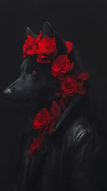 Midnight wolf in roses and leather, quietly radiant.