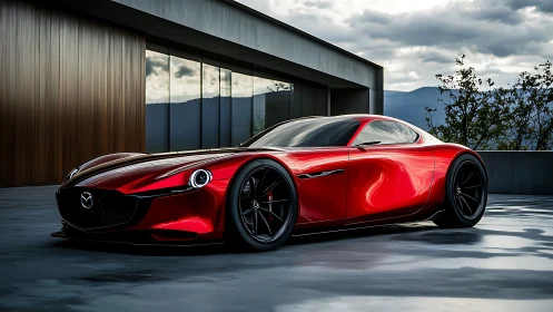 Crimson rotary coupe beside modern glass pavilion at dusk.
