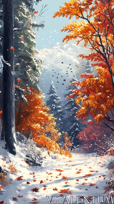 Digital painting of autumn forest path in first snowfall.