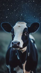 Starry night cow gazes gently into the quiet country sky