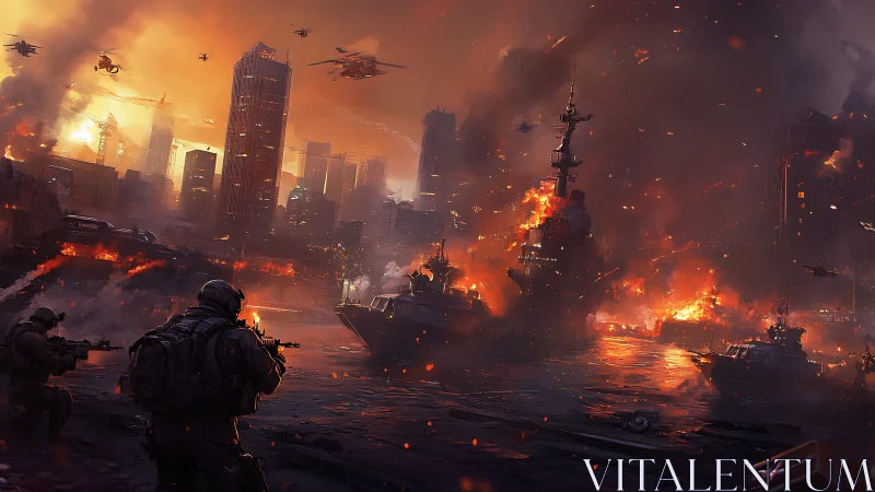 Urban waterfront under heavy military assault at dusk.