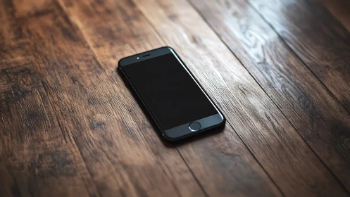 Dark smartphone on weathered wood surface with studio lighting.