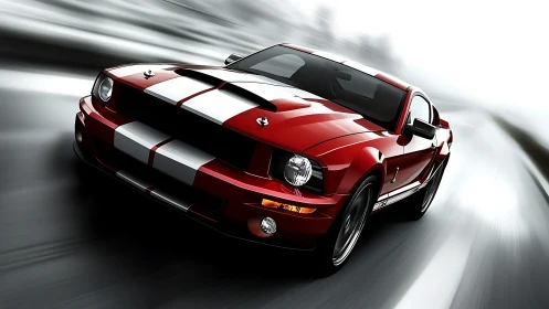 Red performance coupe accelerates through motion-blurred highway