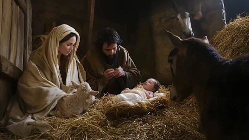 Nativity scene in warm lamplight honors the newborn child.