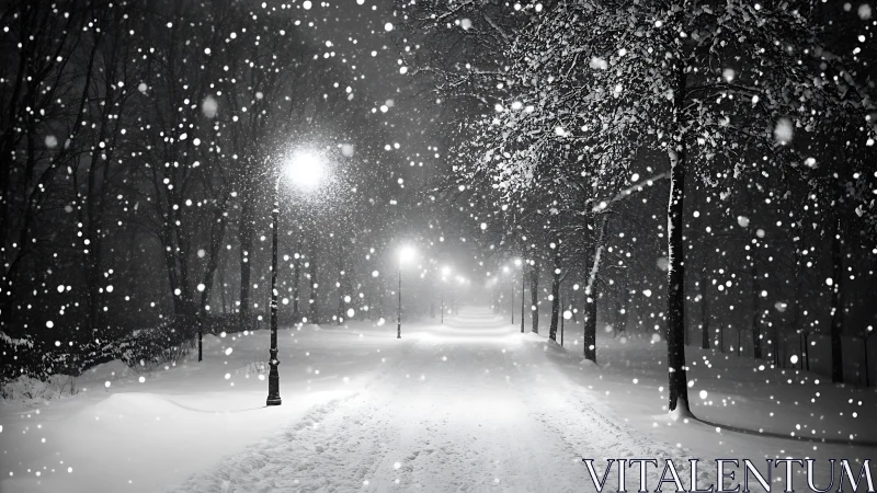 Snowy park path at night lit by distant streetlights.