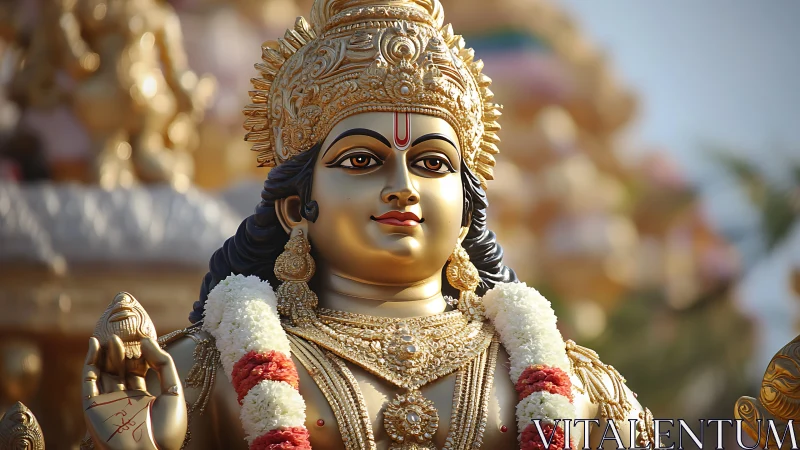 Golden deity statue adorned with garlands and calm grace.
