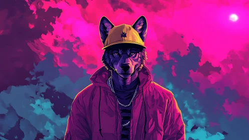 Urban wolf portrait stands under neon pink storm sky