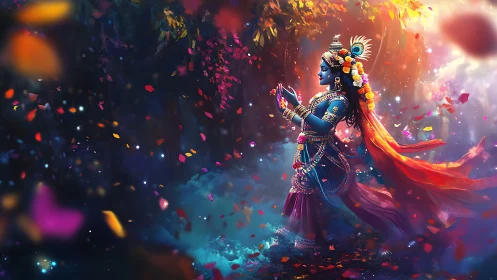 Blue-skinned adorned figure walks through glowing forest scene