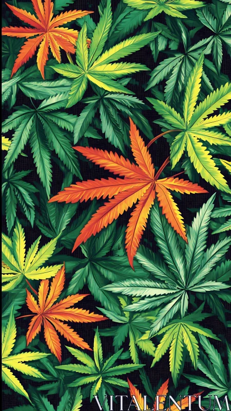 Vibrant cannabis leaves create a bold tropical tapestry