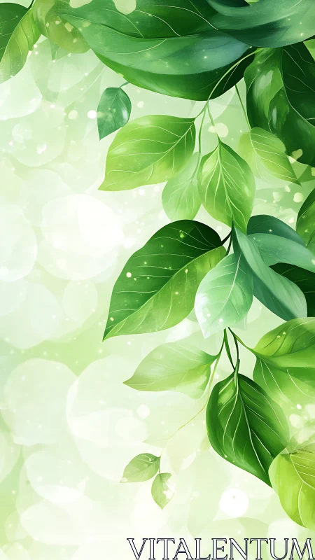 Green leafy branches on soft light bokeh background.