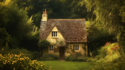Storybook stone cottage wrapped in golden forest hush.