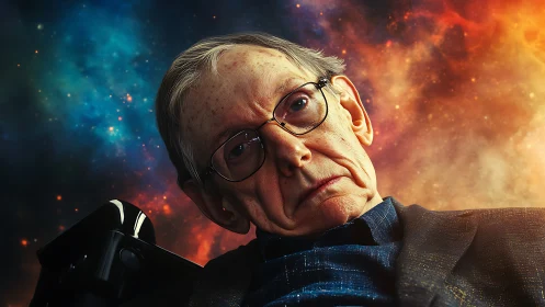 Elderly thinker gazes through cosmic clouds of color and fire.