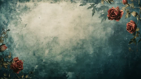 Weathered teal background incorporates red rose corner motifs