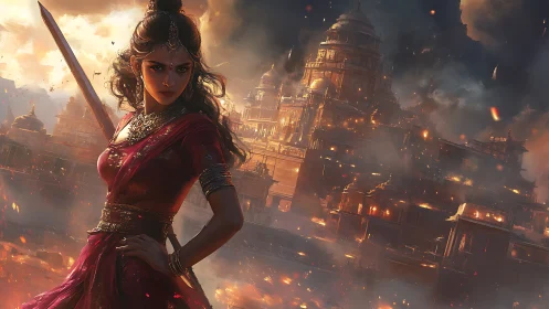 Warrior woman stands before burning temple city at dusk