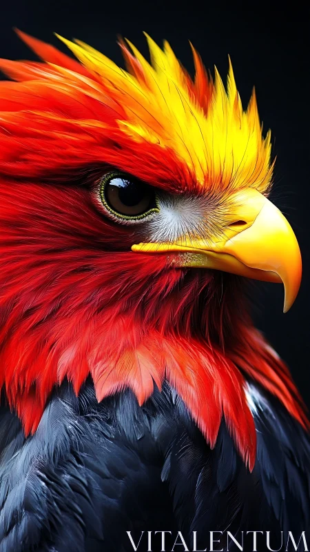 Crowned fire-feather guardian in molten sunset plumage.