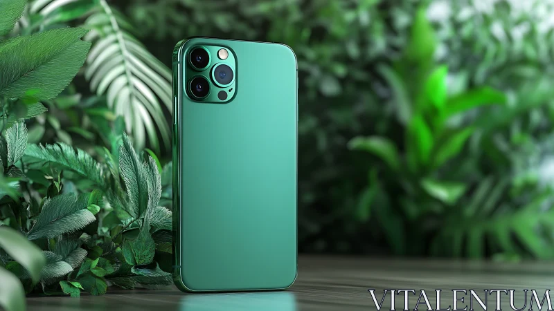 Green glass smartphone with triple camera in jungle setting