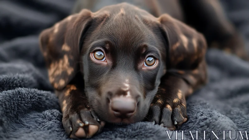 Brown puppy rests on soft blanket with soulful, shining eyes