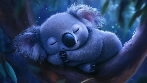 Moonlit koala dreamscape curled on a whispering branch.