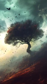 Solitary wind-bent tree amid turbulent sky and diagonal terrain