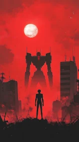 Lone wanderer facing a towering mech under a red moon.