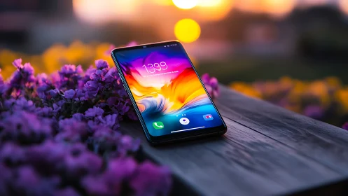 Smartphone displaying colorful gradient wallpaper on surface