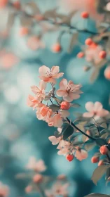 Blurred flowering branch with coral blooms and buds.
