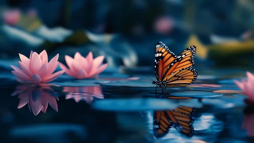 Gentle monarch butterfly pauses by soft pink water lilies