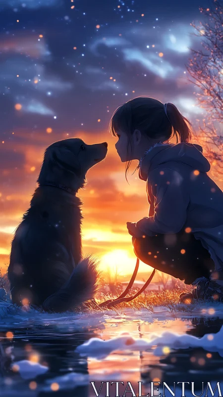 Girl and dog at glowing winter sunset by icy pond.