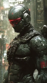 Armored cybernetic soldier stands in dense urban environment