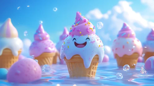 Cheerful cartoon ice cream cone with smiling face in whimsical magical setting.