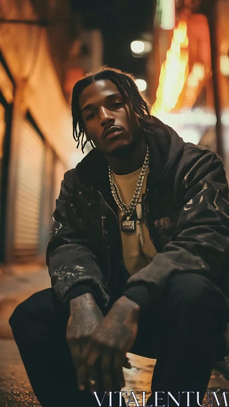 Urban night portrait of confident man in hoodie and chains.